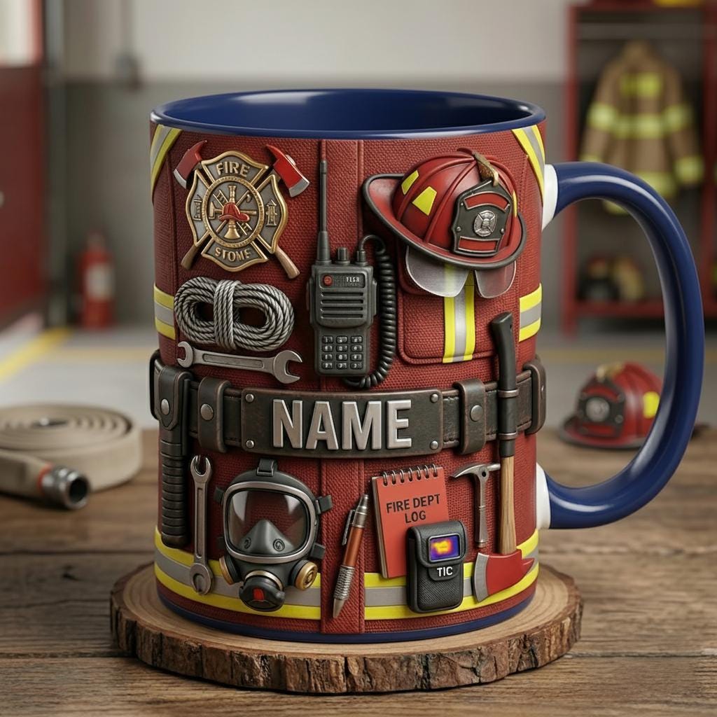 Personalized Firefighter Mug, Custom Coffee Cup, Faux 3D Effect, Gift for Firefighters
