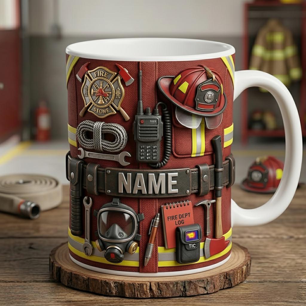Personalized Firefighter Mug, Custom Coffee Cup, Faux 3D Effect, Gift for Firefighters