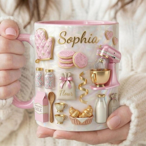Custom Name Baking Accent Mug, Love Cakes Coffee Mug, Gift for Baker, Gift For Mother's Day, Gift For Baking Mom, Bakery 2D Flat Ceramic Cup