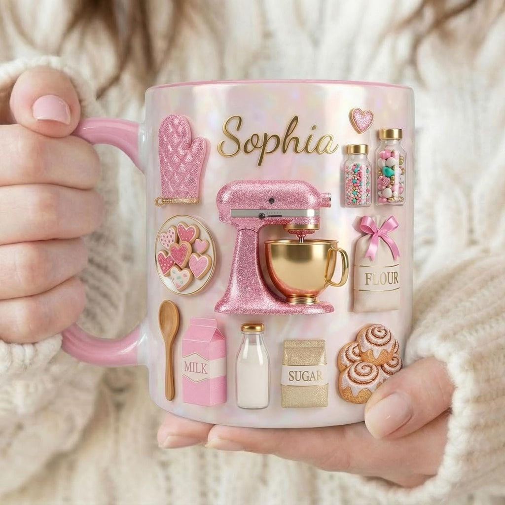 Custom Name Baking Accent Mug, Love Cakes Coffee Mug, Gift for Baker, Gift For Mother's Day, Gift For Baking Mom, Bakery 2D Flat Ceramic Cup