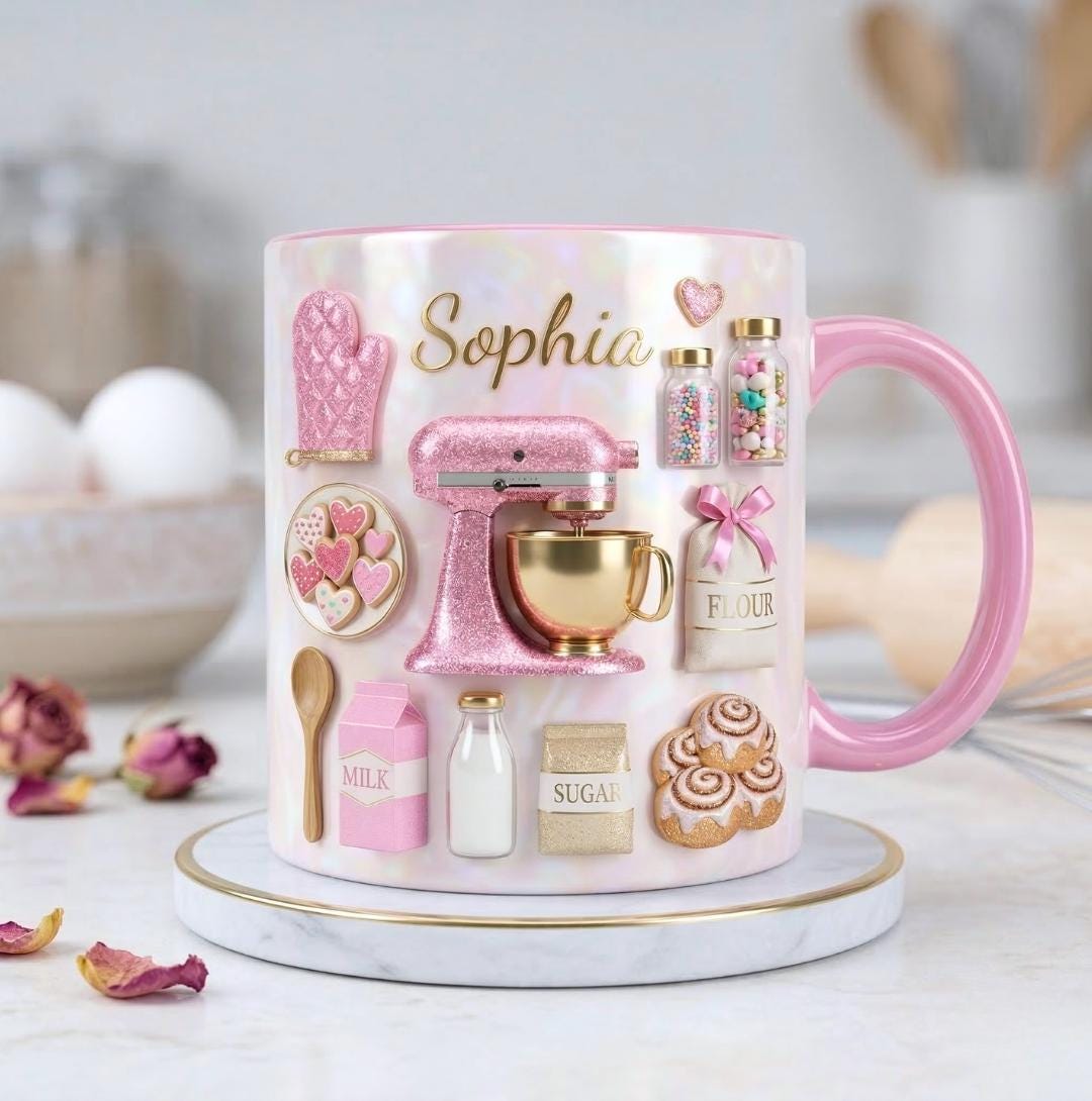 Custom Name Baking Accent Mug, Love Cakes Coffee Mug, Gift for Baker, Gift For Mother's Day, Gift For Baking Mom, Bakery 2D Flat Ceramic Cup