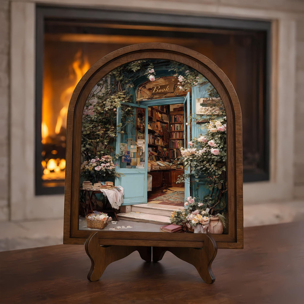 Cozy Bookshop Arch Frame Artwork, Floral Cottagecore Wall Art, Vintage Bookshelf Decor, Romantic Reading Nook Wall Art
