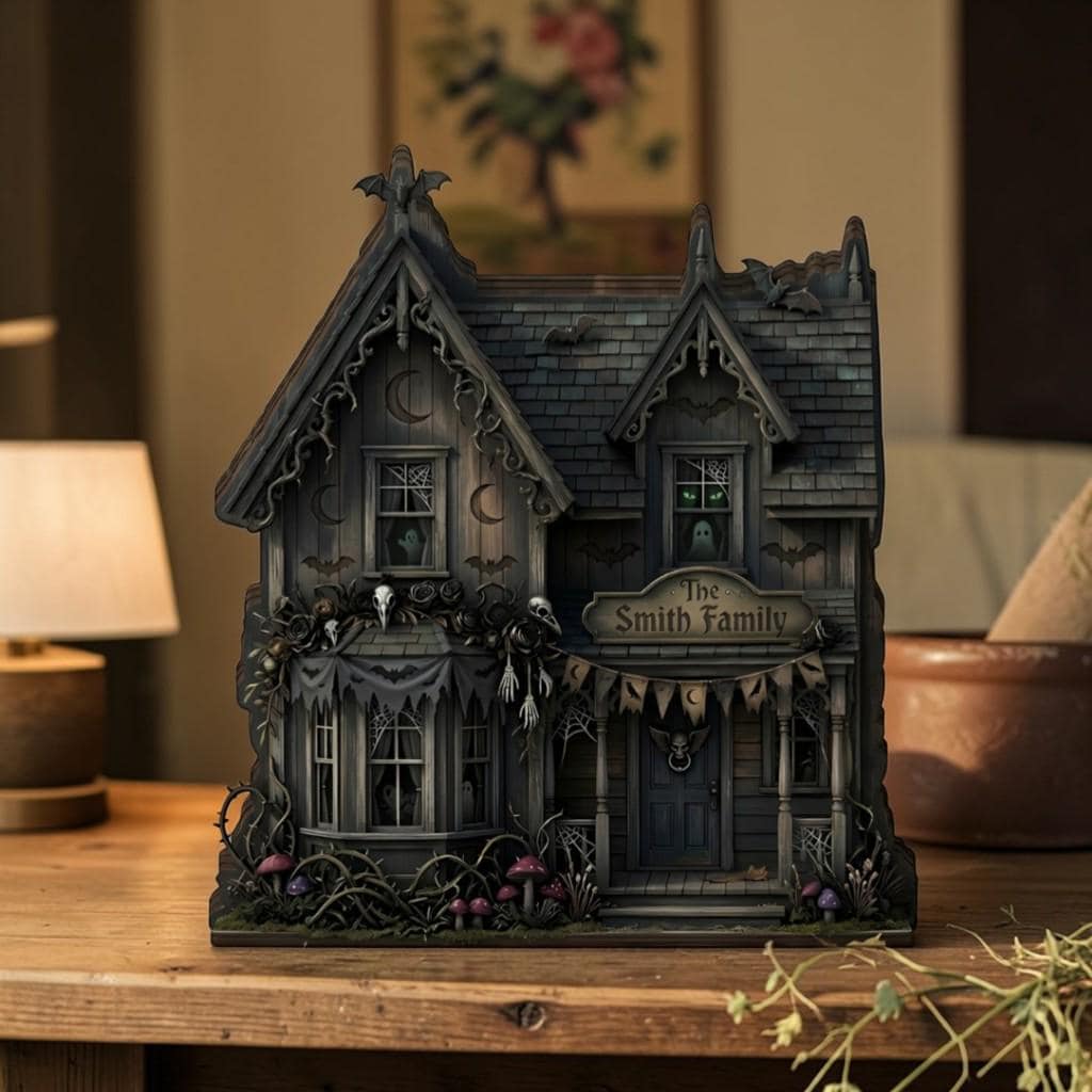 Personalized Halloween Haunted House Wooden Block, Spooky Gothic Home Decor, Custom Family Name Sign, Miniature Creepy Cottage