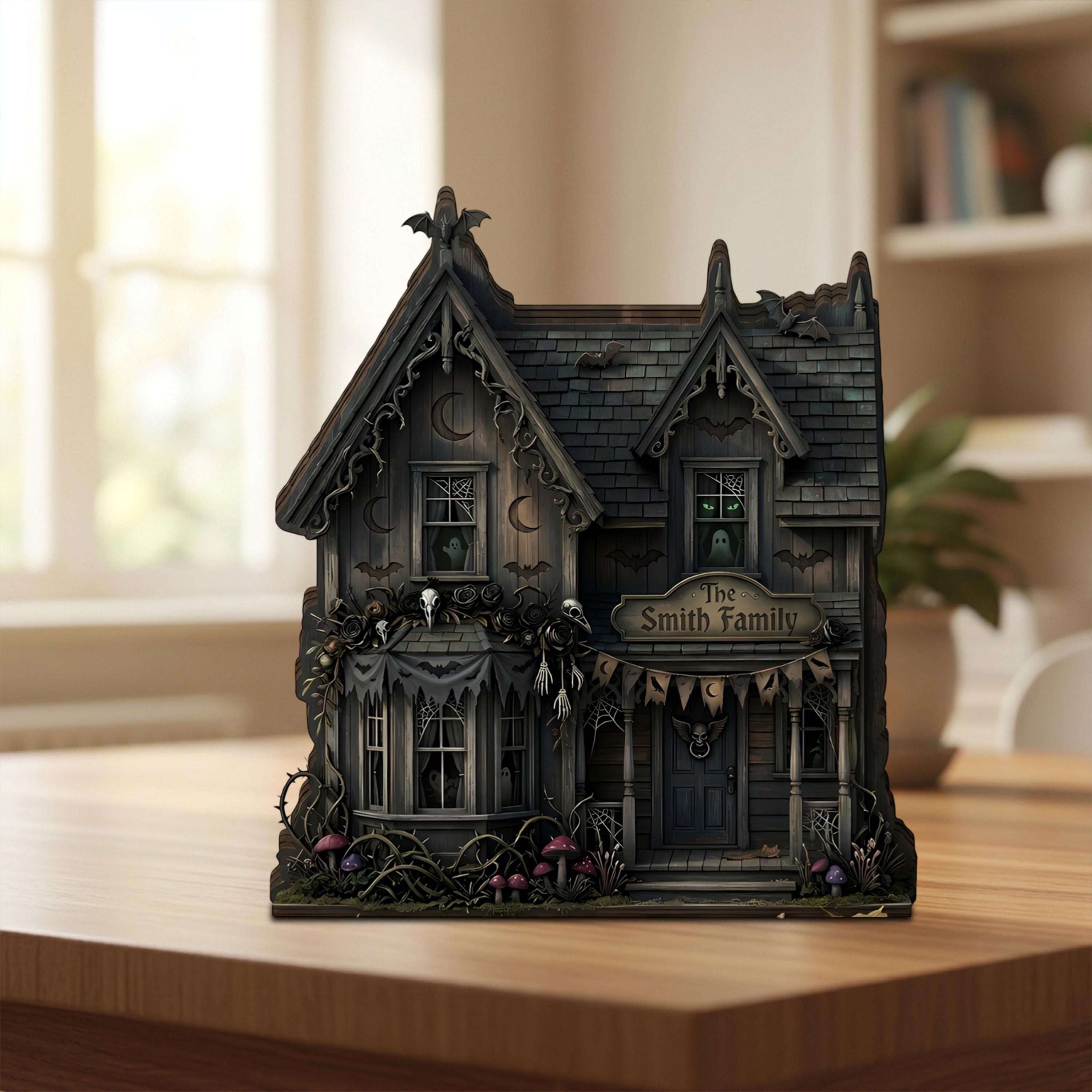 Personalized Halloween Haunted House Wooden Block, Spooky Gothic Home Decor, Custom Family Name Sign, Miniature Creepy Cottage