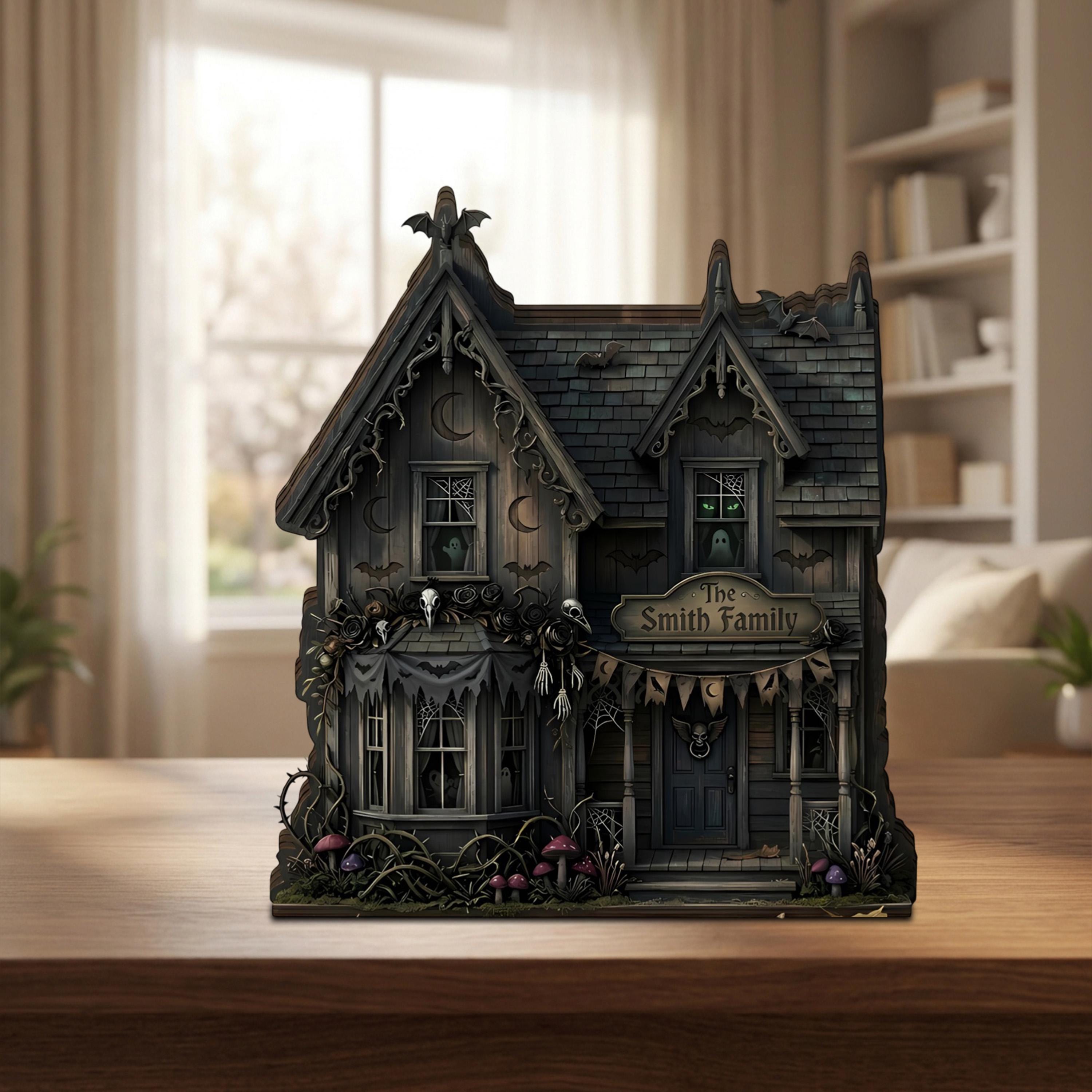 Personalized Halloween Haunted House Wooden Block, Spooky Gothic Home Decor, Custom Family Name Sign, Miniature Creepy Cottage