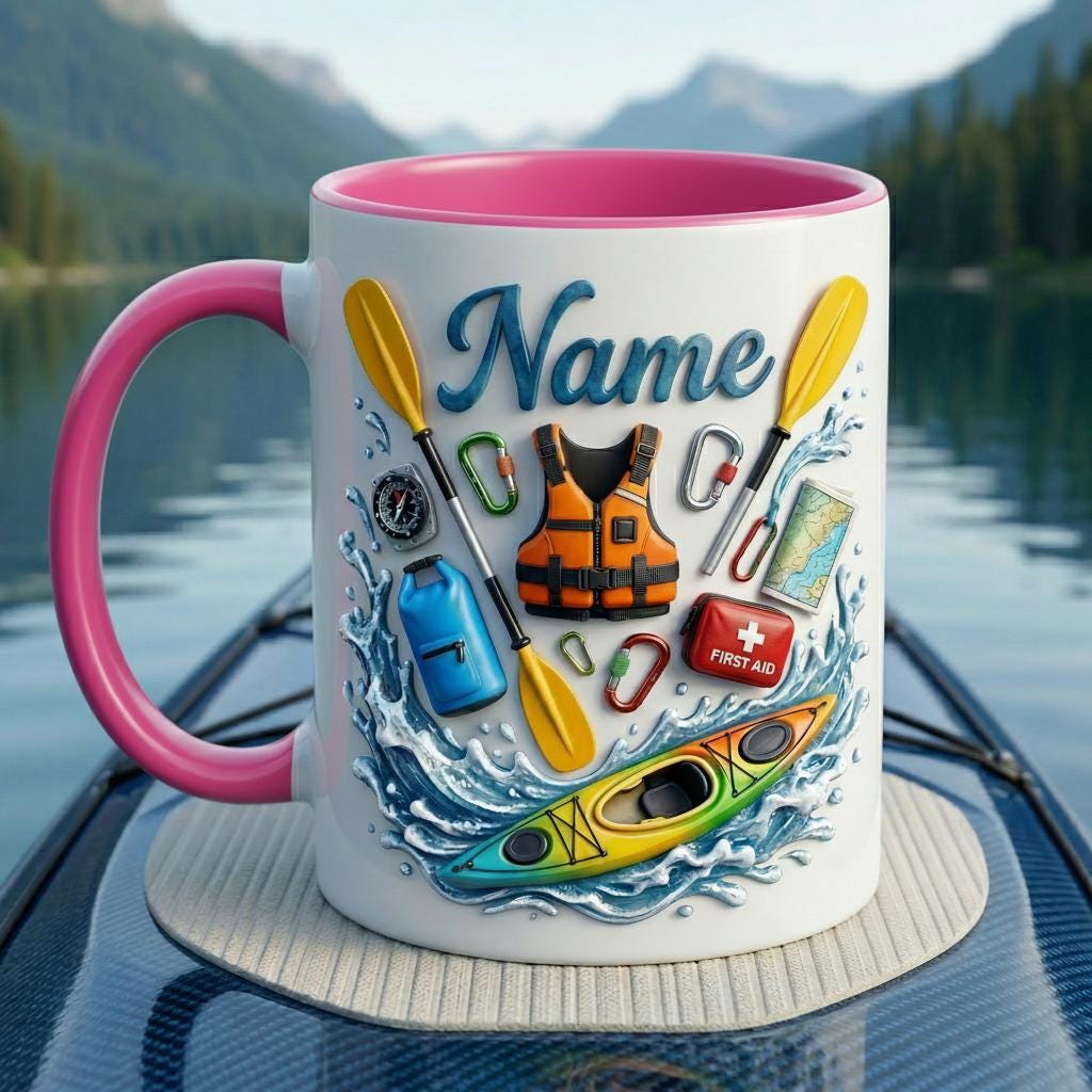 Personalized Kayaking Mug 3D, Custom Name Coffee Cup, Outdoor Adventure Lover Gift