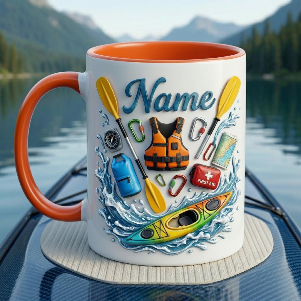 Personalized Kayaking Mug 3D, Custom Name Coffee Cup, Outdoor Adventure Lover Gift