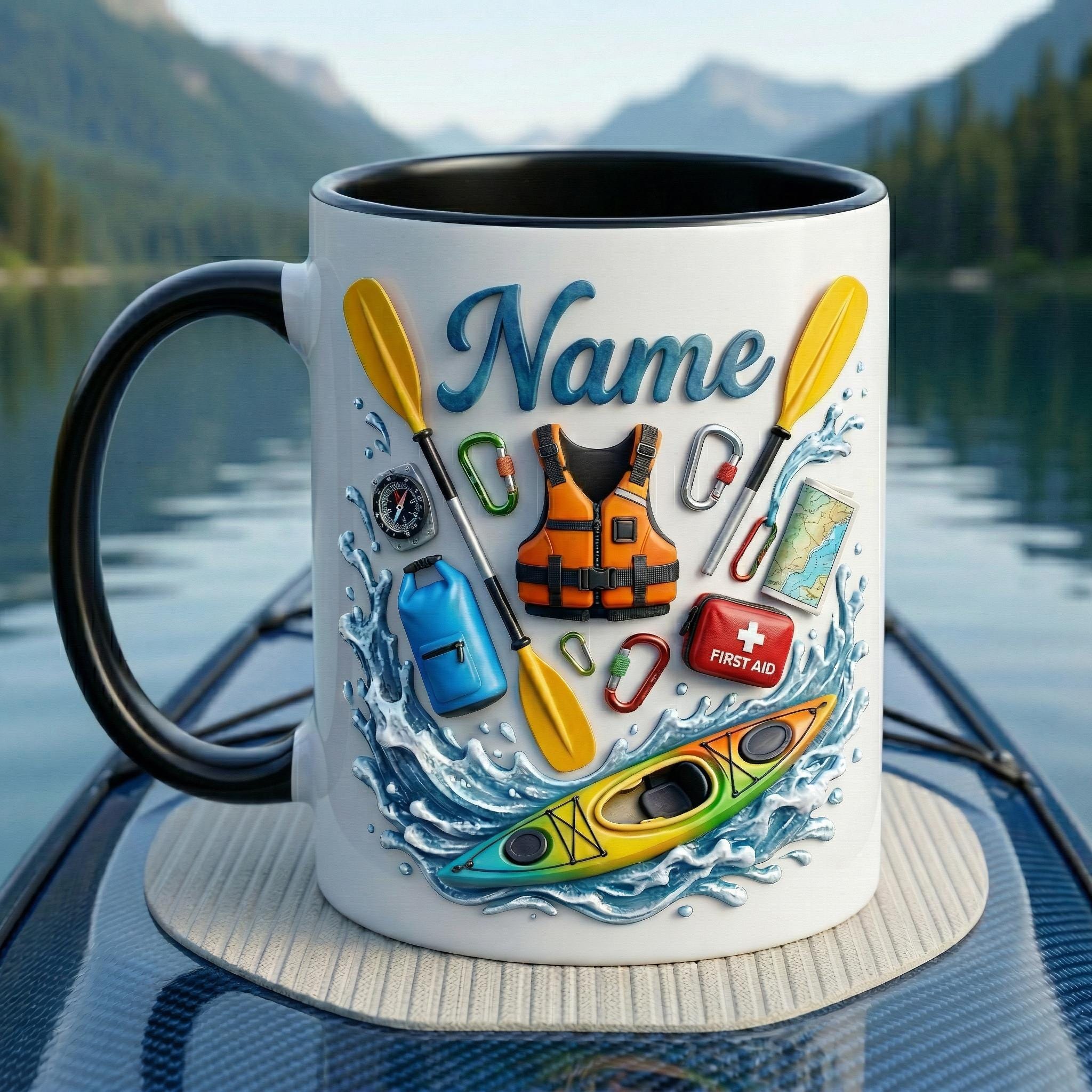 Personalized Kayaking Mug 3D, Custom Name Coffee Cup, Outdoor Adventure Lover Gift