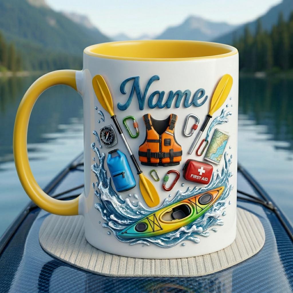 Personalized Kayaking Mug 3D, Custom Name Coffee Cup, Outdoor Adventure Lover Gift