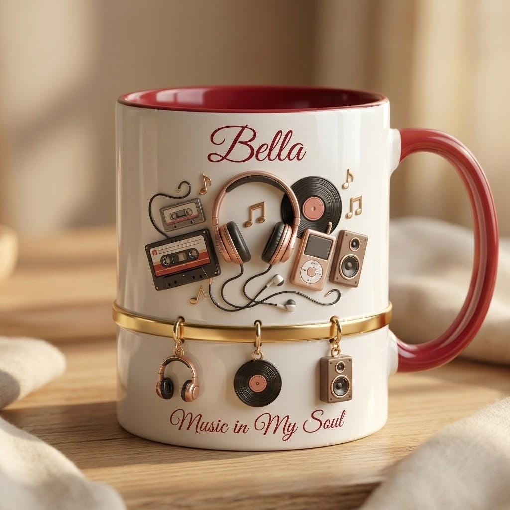 Personalized Music Lover Mug, Custom Name Ceramic Cup, Retro Headphones Vinyl Coffee Mug