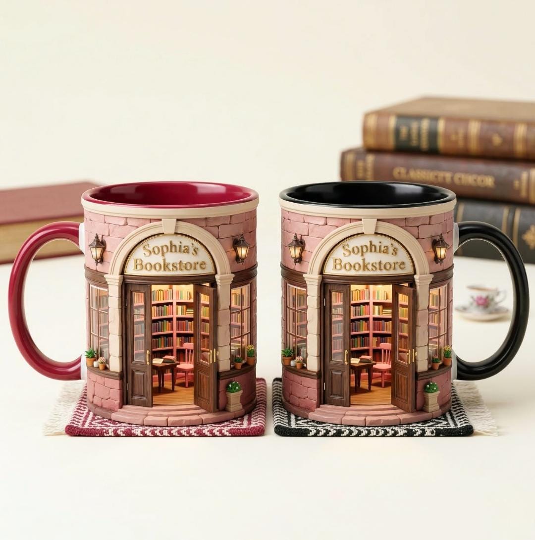 Personalized Bookstore Accent Mug, Vintage Bookshelf Library Pottery Coffee Cup, Book Lover Gift, Bookish Gifts For Reader