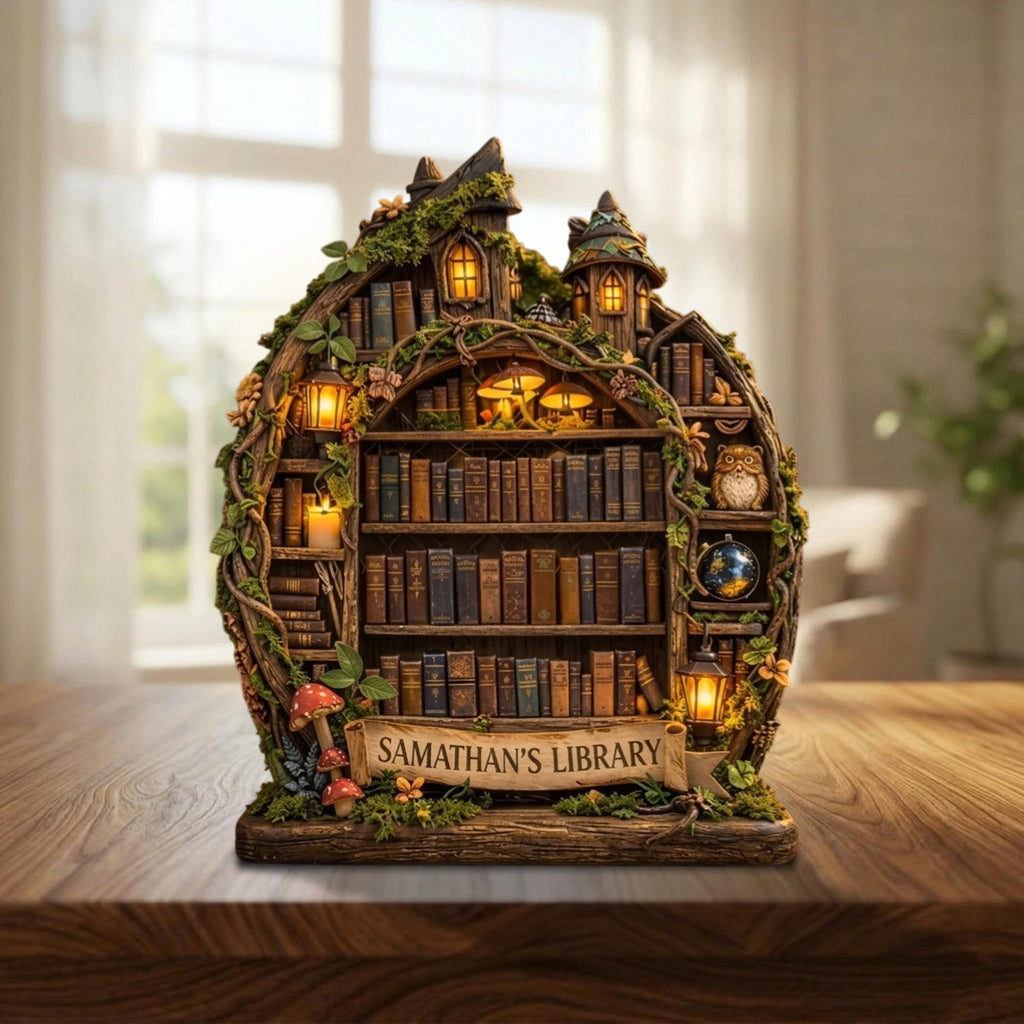Personalized Fantasy Library Wooden Block, Book Lover Shelf Decor, Bookshelf Decor,Library Book Nook, Custom Reader Gift