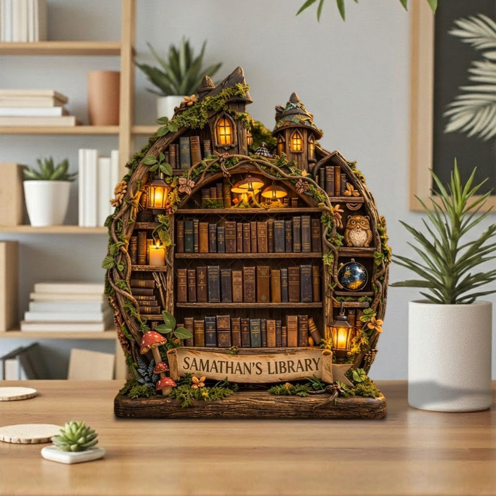 Personalized Fantasy Library Wooden Block, Book Lover Shelf Decor, Bookshelf Decor,Library Book Nook, Custom Reader Gift