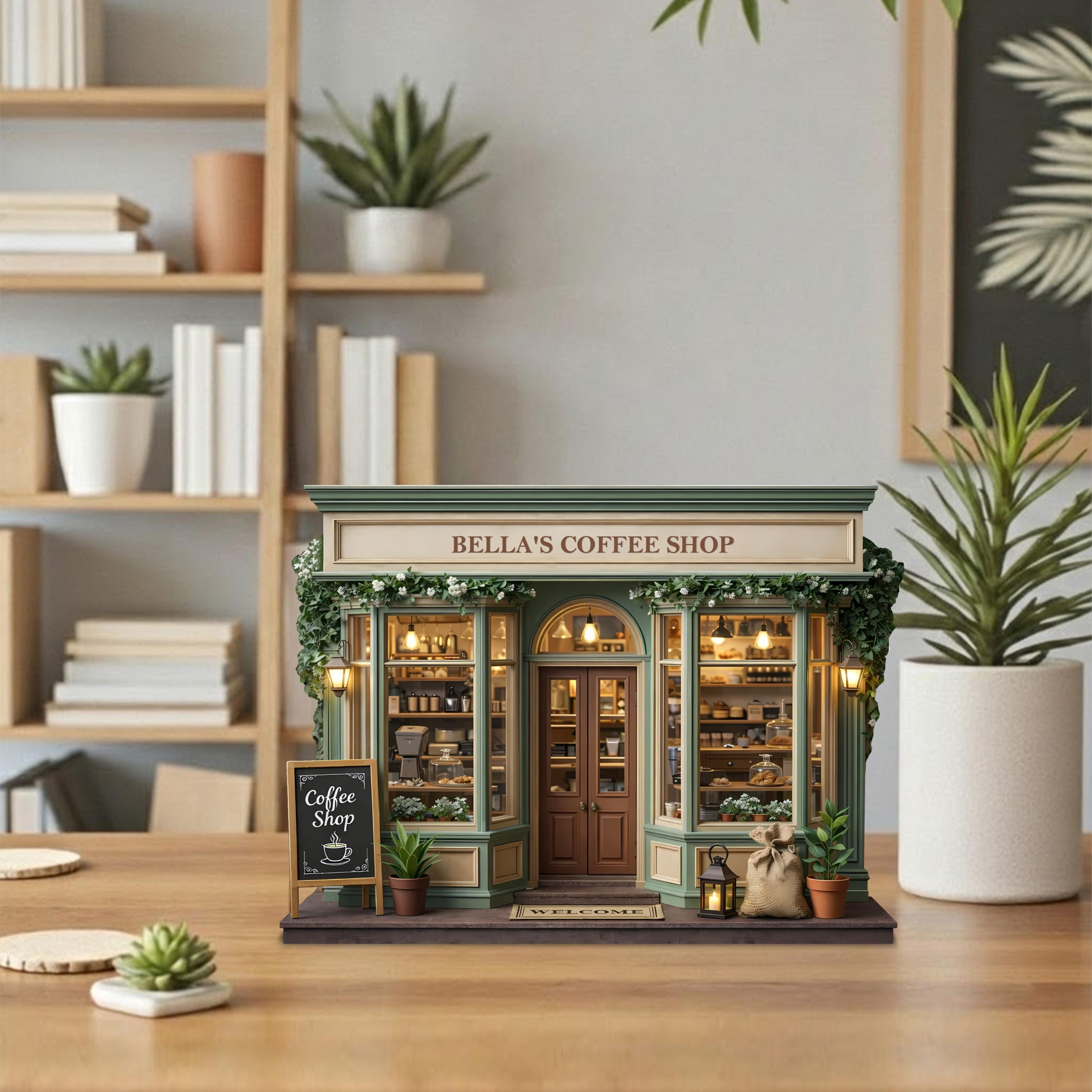 Personalized Coffee Shop Wooden Block, Custom Shopfront Wooden Decor, Mini Coffee Shop Sign, Cottagecore Shelf Decor, Coffee Lover Gift