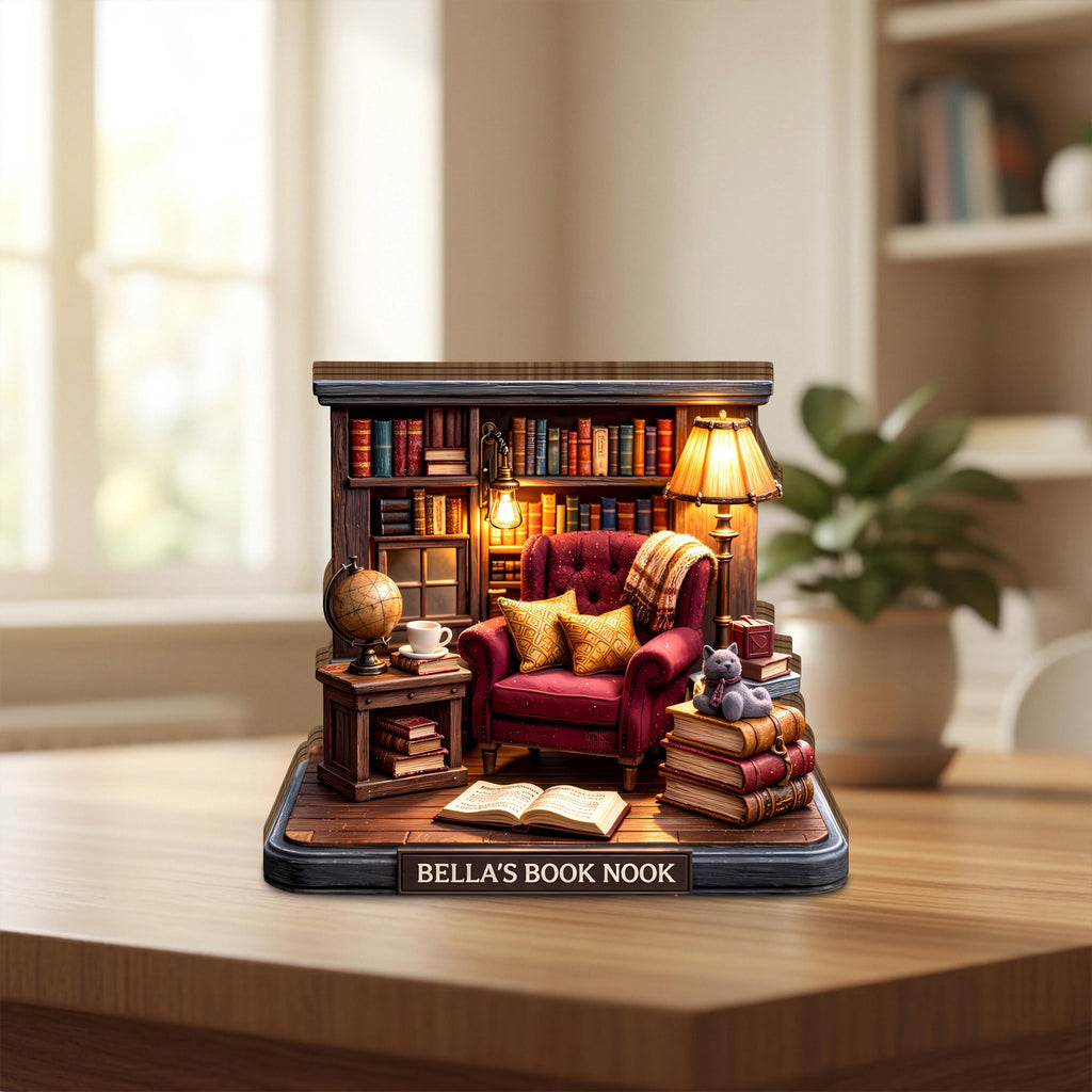 Personalized Book Nook Wooden Block, Bookshelf Decor, Cozy Library Miniature, Custom Reading Nook Decor, Book Lover Gift