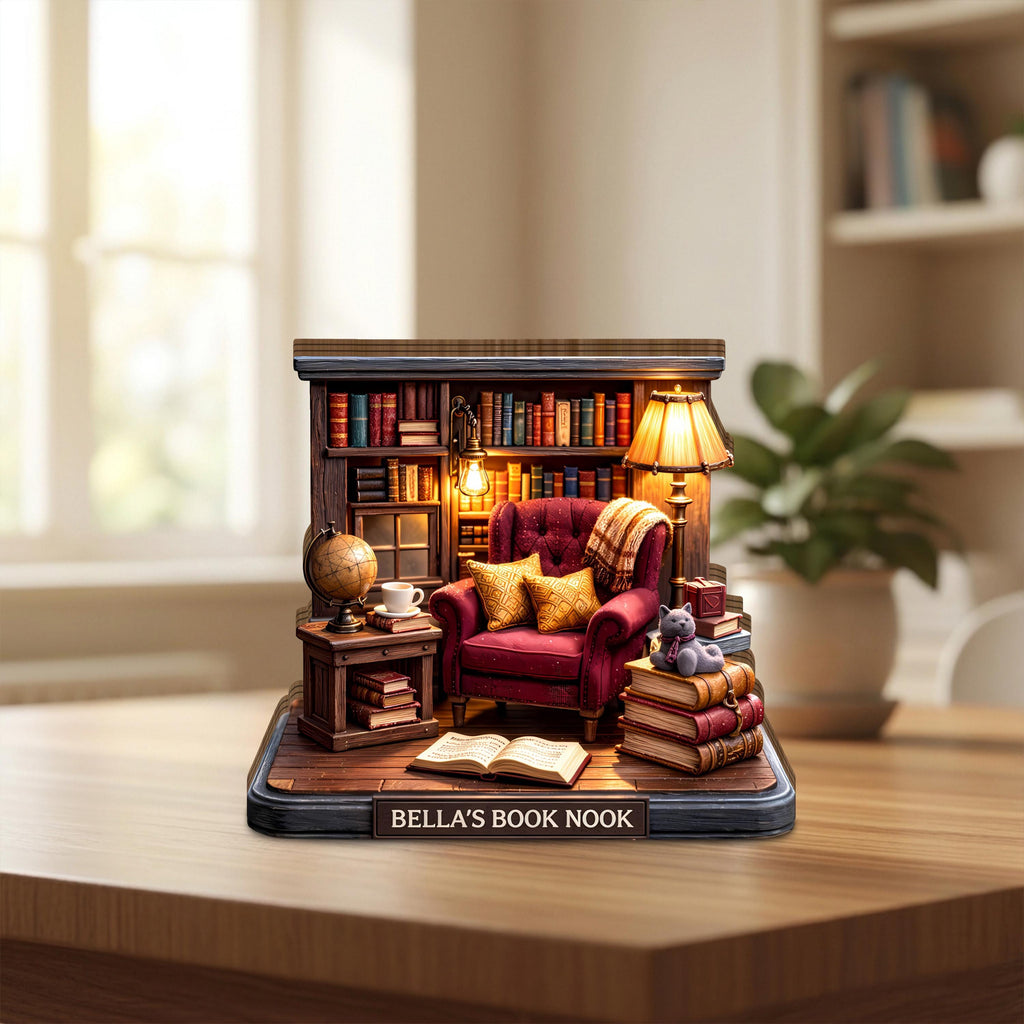 Personalized Book Nook Wooden Block, Bookshelf Decor, Cozy Library Miniature, Custom Reading Nook Decor, Book Lover Gift