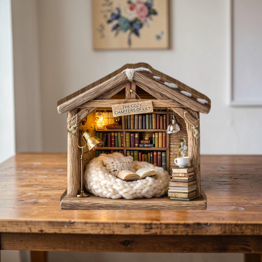 Personalized Cozy Book Nook Wooden Block, Bookshelf Decor, Reading Nook Cabin Decor, Custom Library Miniature, Book Lover Gift