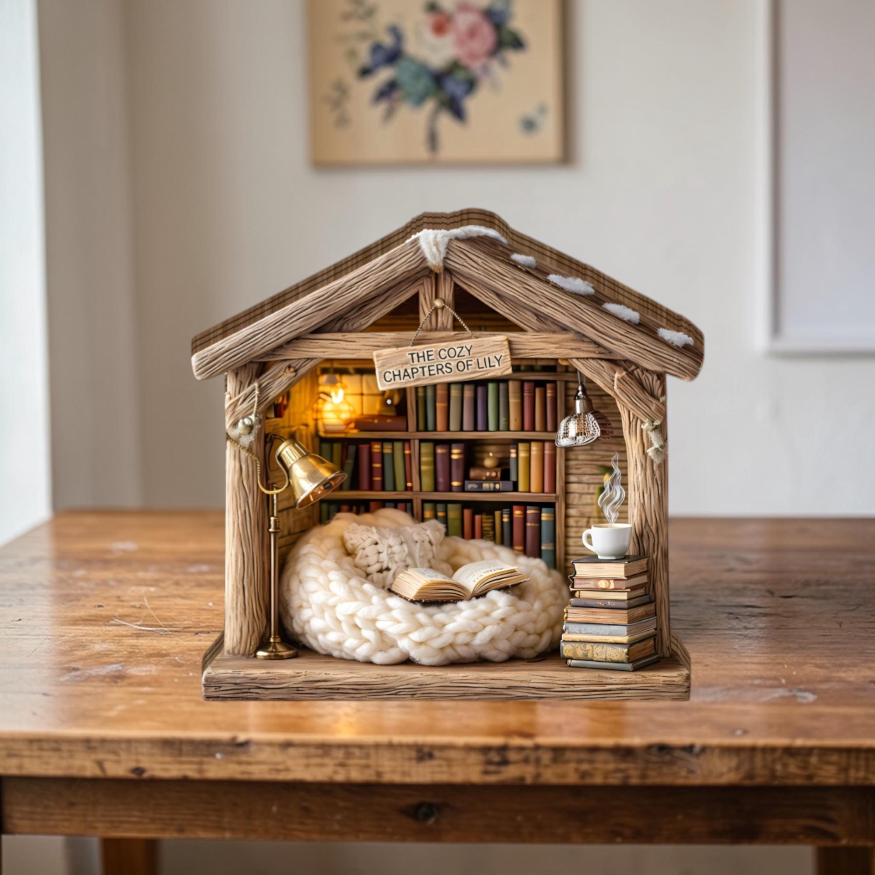 Personalized Cozy Book Nook Wooden Block, Bookshelf Decor, Reading Nook Cabin Decor, Custom Library Miniature, Book Lover Gift