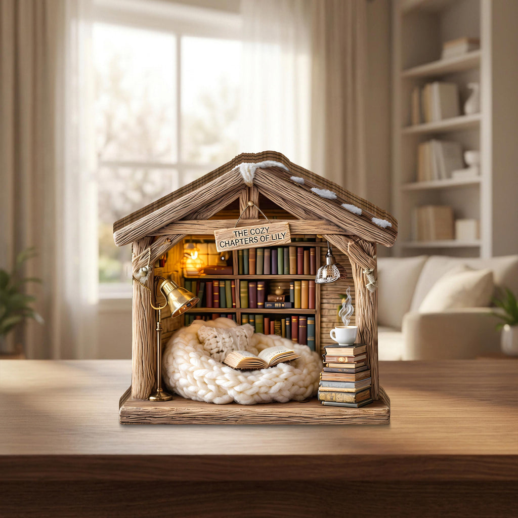 Personalized Cozy Book Nook Wooden Block, Bookshelf Decor, Reading Nook Cabin Decor, Custom Library Miniature, Book Lover Gift