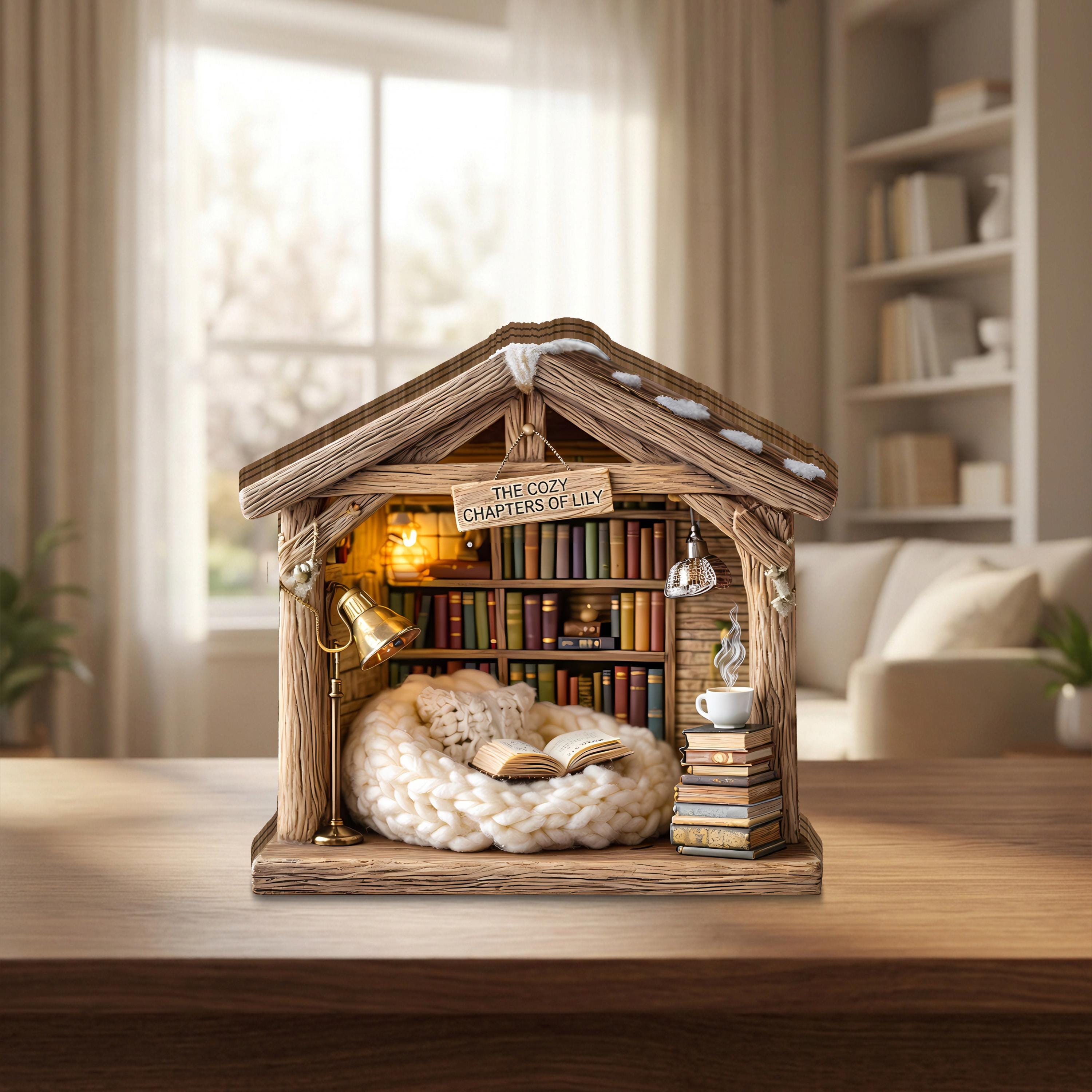 Personalized Cozy Book Nook Wooden Block, Bookshelf Decor, Reading Nook Cabin Decor, Custom Library Miniature, Book Lover Gift
