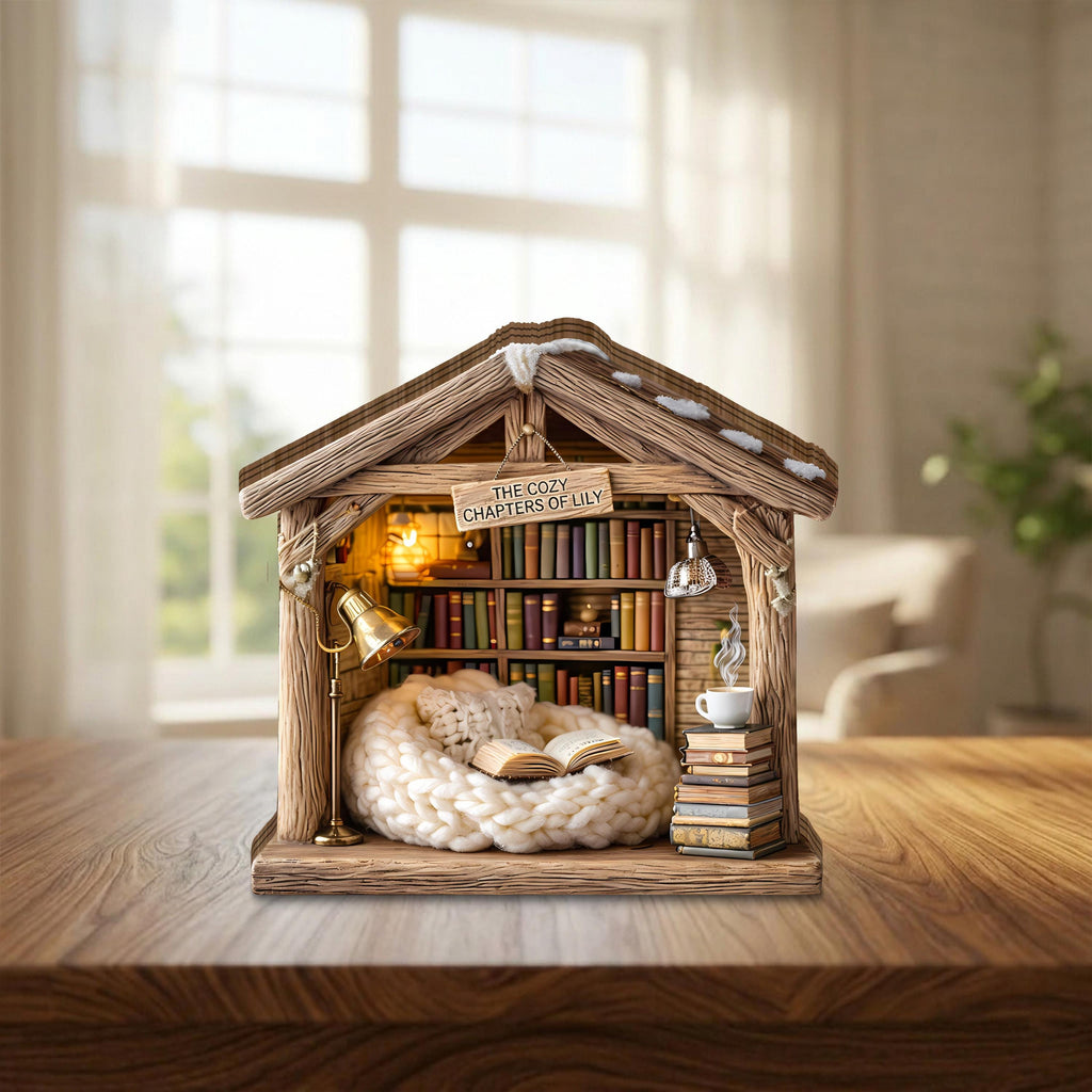 Personalized Cozy Book Nook Wooden Block, Bookshelf Decor, Reading Nook Cabin Decor, Custom Library Miniature, Book Lover Gift