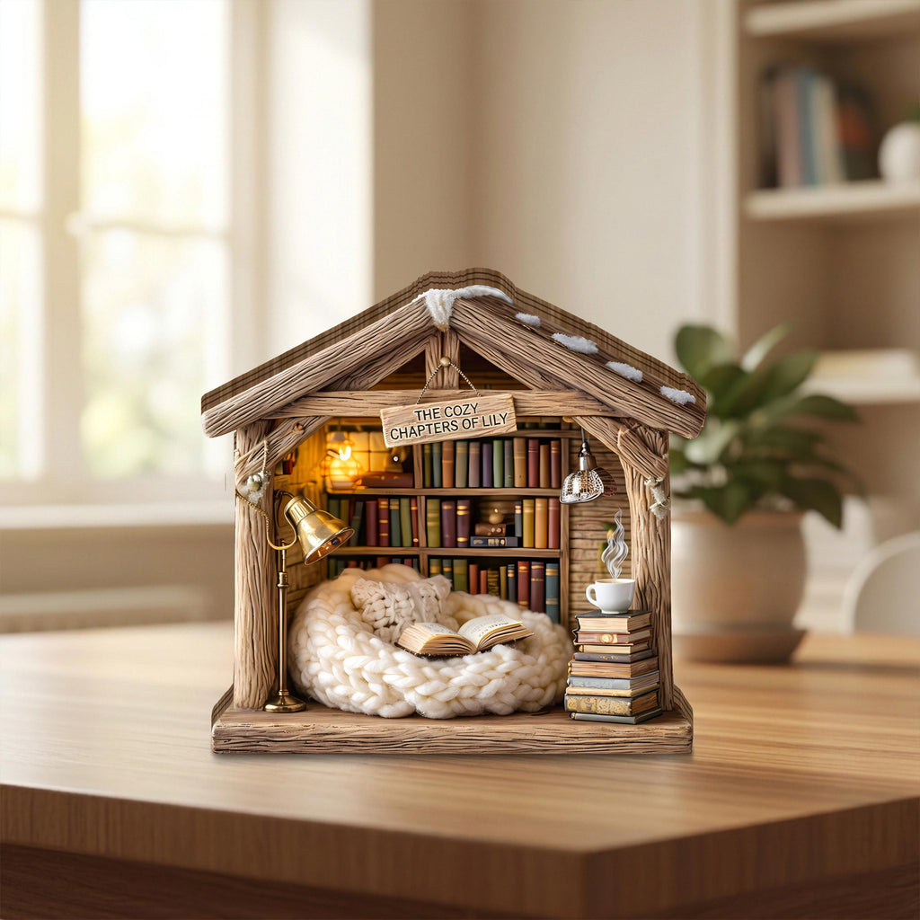 Personalized Cozy Book Nook Wooden Block, Bookshelf Decor, Reading Nook Cabin Decor, Custom Library Miniature, Book Lover Gift