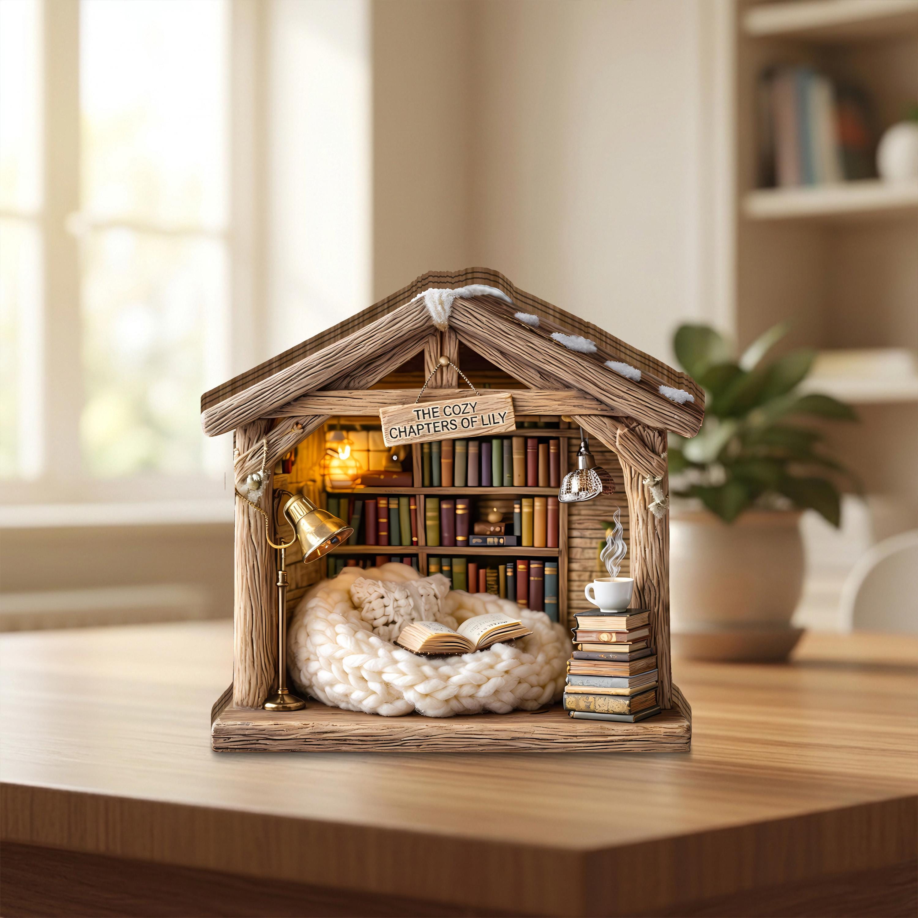 Personalized Cozy Book Nook Wooden Block, Bookshelf Decor, Reading Nook Cabin Decor, Custom Library Miniature, Book Lover Gift