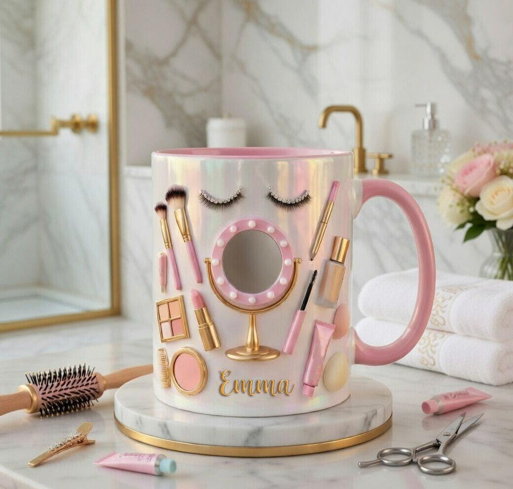 Personalized Makeup Artist Faux 3D Effect Mug, Beauty Lover Gift, 2D Flat