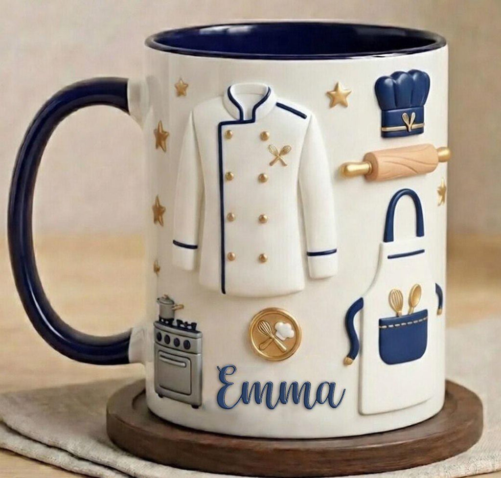 Custom Name Baker Faux 3D Effect Mug, Baking Tools Design, Kitchen Gift, 2D Flat