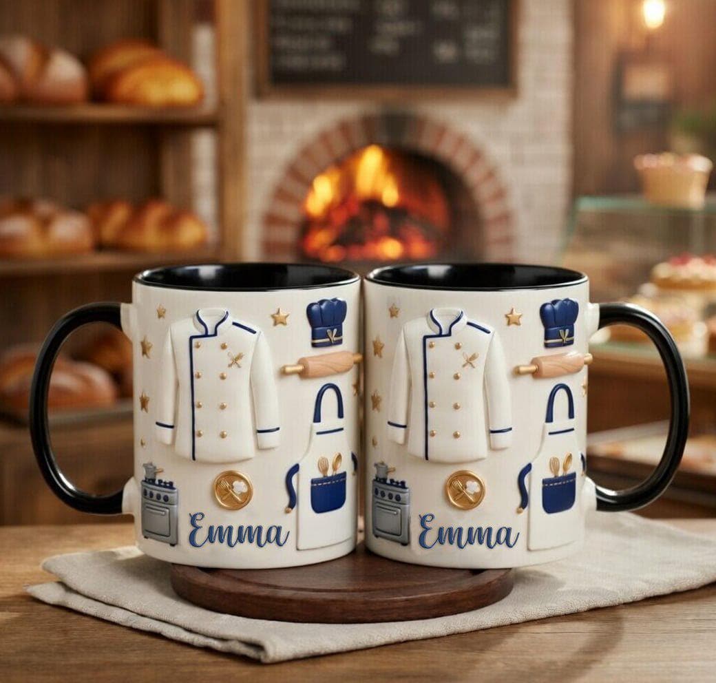 Custom Name Baker Faux 3D Effect Mug, Baking Tools Design, Kitchen Gift, 2D Flat