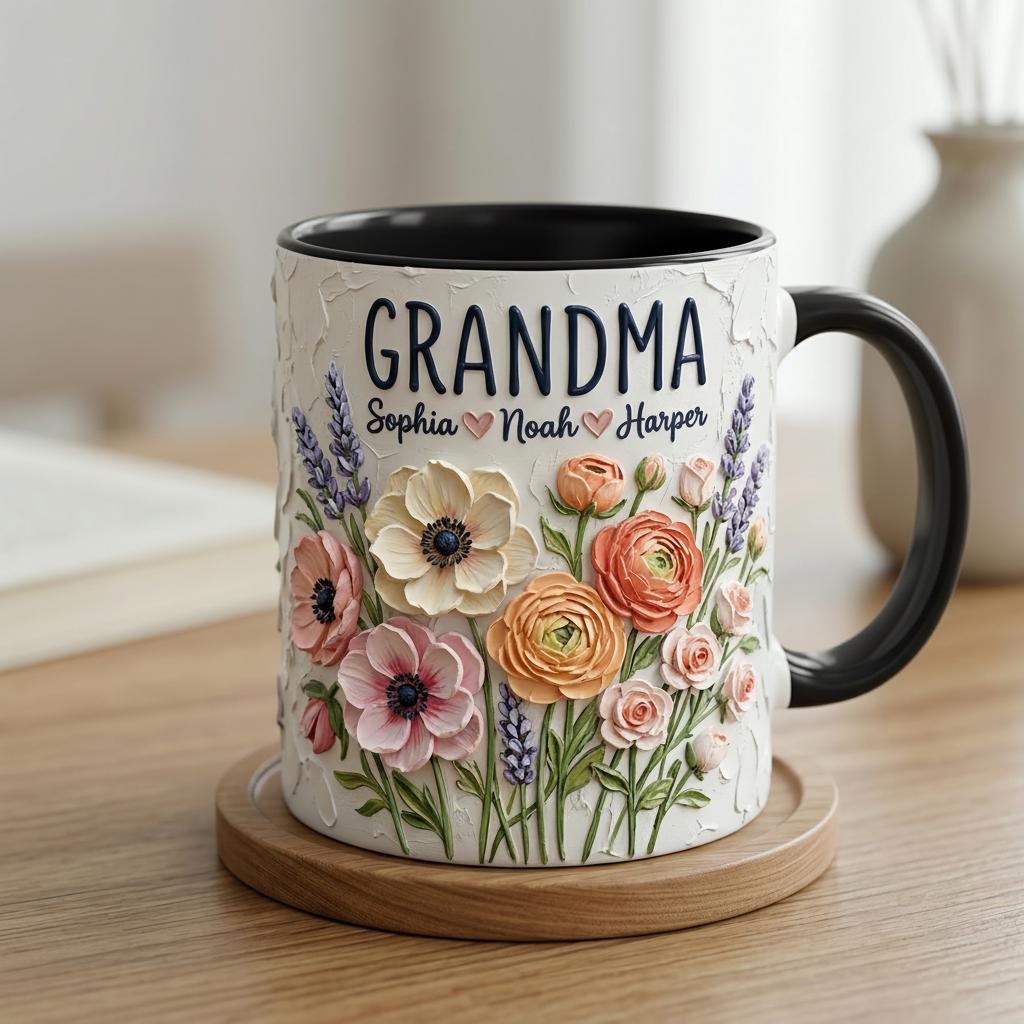 Personalized Floral Grandma Mug 3D, Artistic Portrait Coffee Cup, Oil Painting Effect