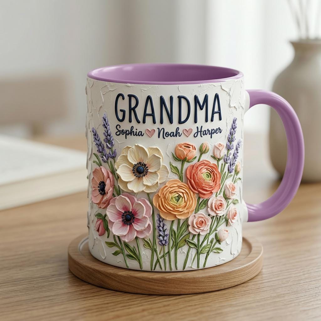 Personalized Floral Grandma Mug 3D, Artistic Portrait Coffee Cup, Oil Painting Effect