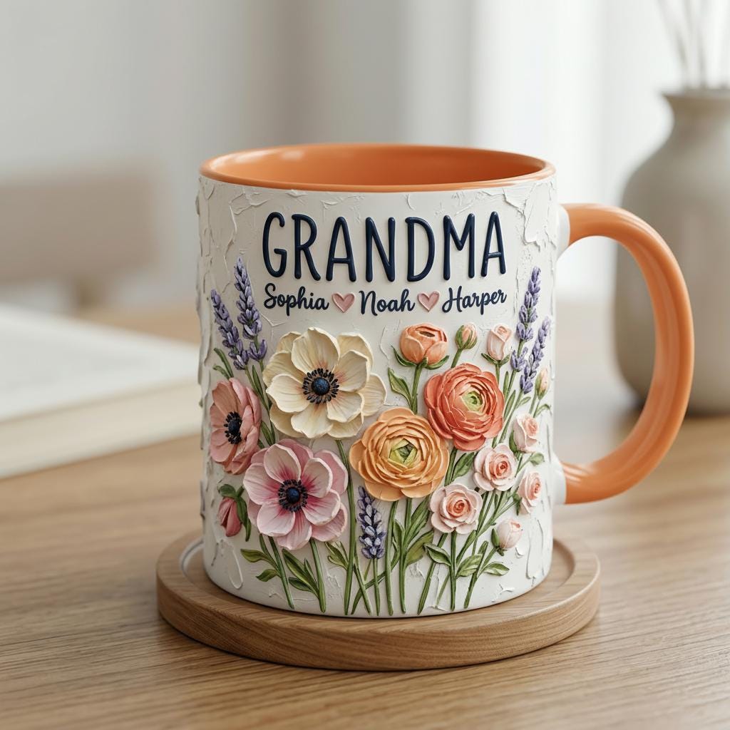 Personalized Floral Grandma Mug 3D, Artistic Portrait Coffee Cup, Oil Painting Effect