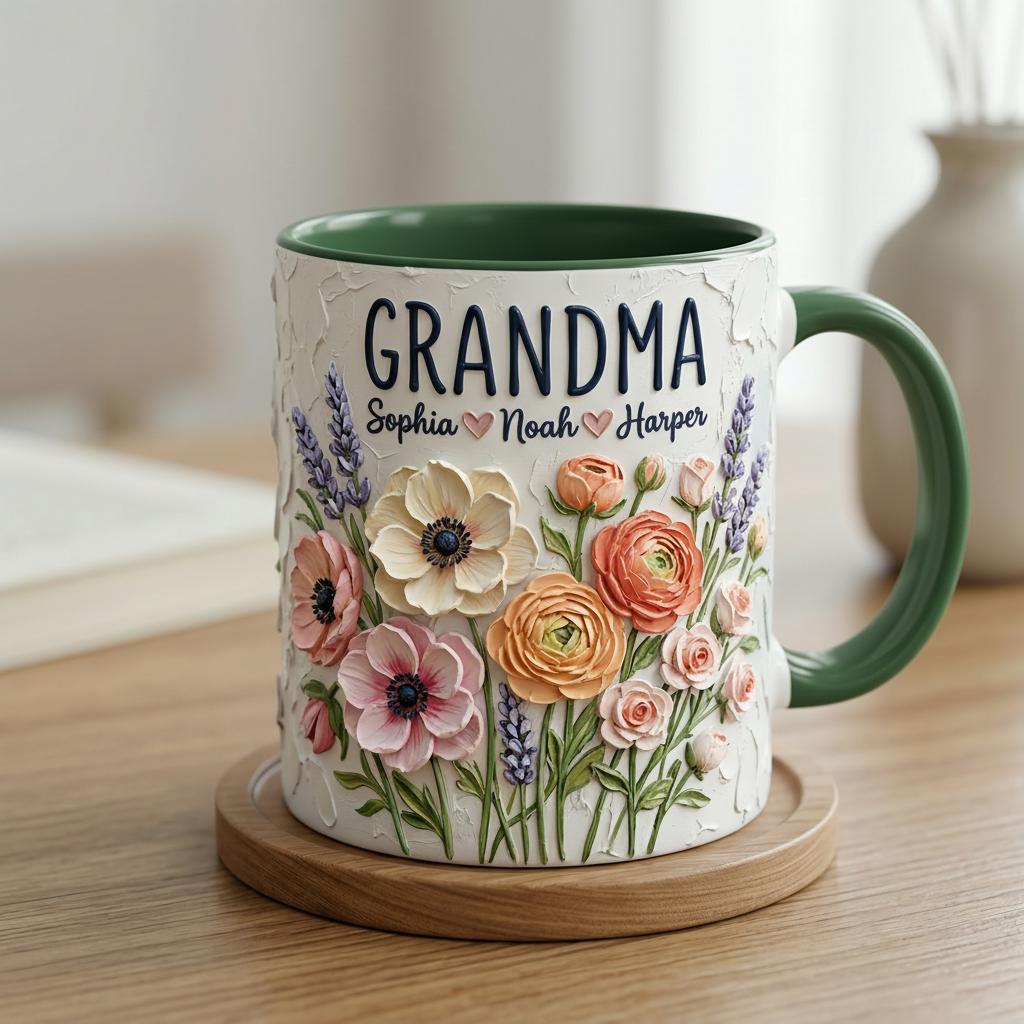 Personalized Floral Grandma Mug 3D, Artistic Portrait Coffee Cup, Oil Painting Effect