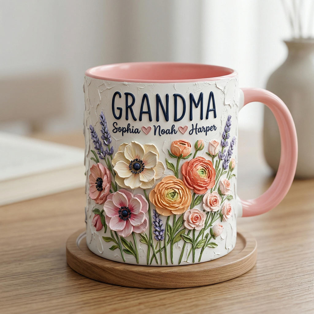 Personalized Floral Grandma Mug 3D, Artistic Portrait Coffee Cup, Oil Painting Effect