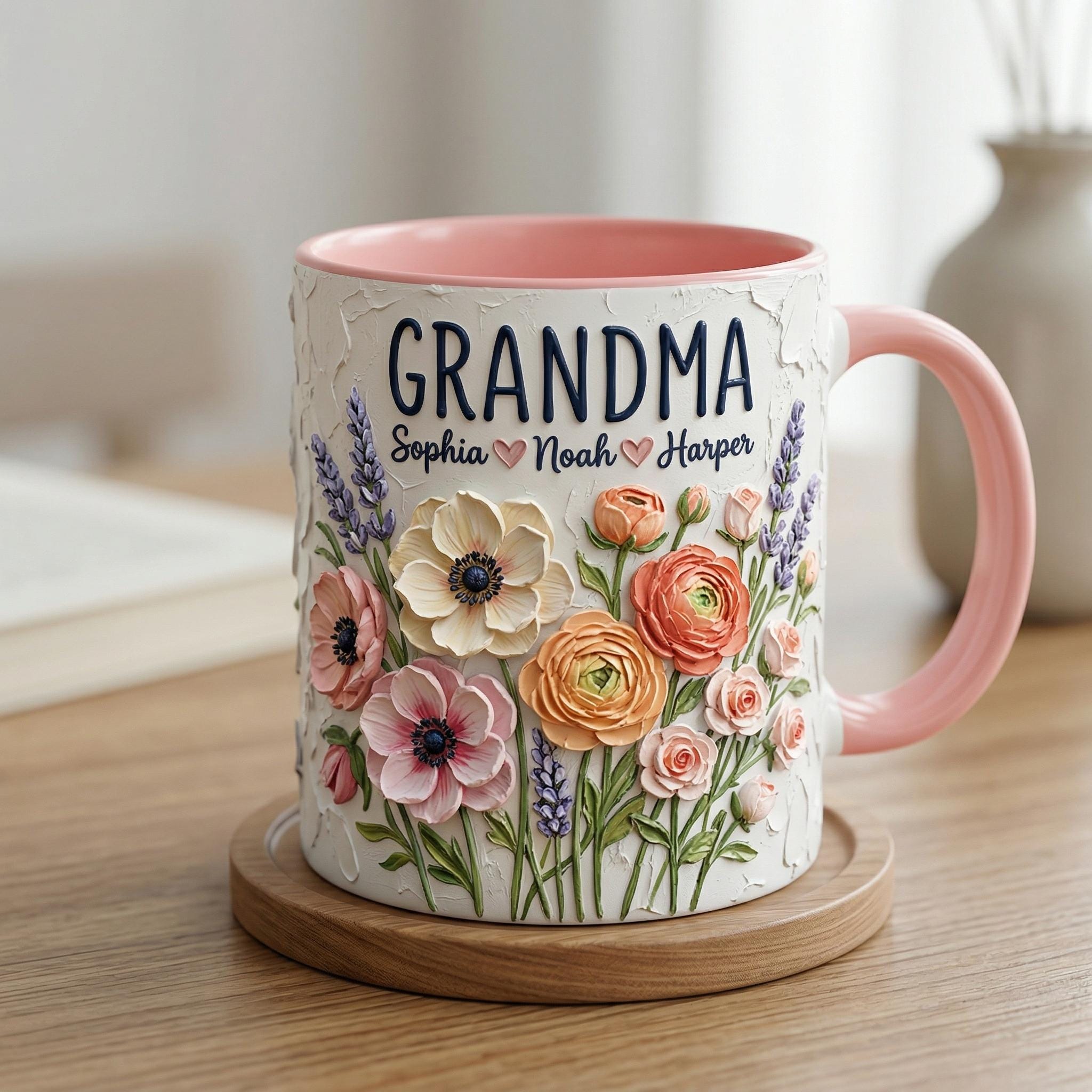 Personalized Floral Grandma Mug 3D, Artistic Portrait Coffee Cup, Oil Painting Effect