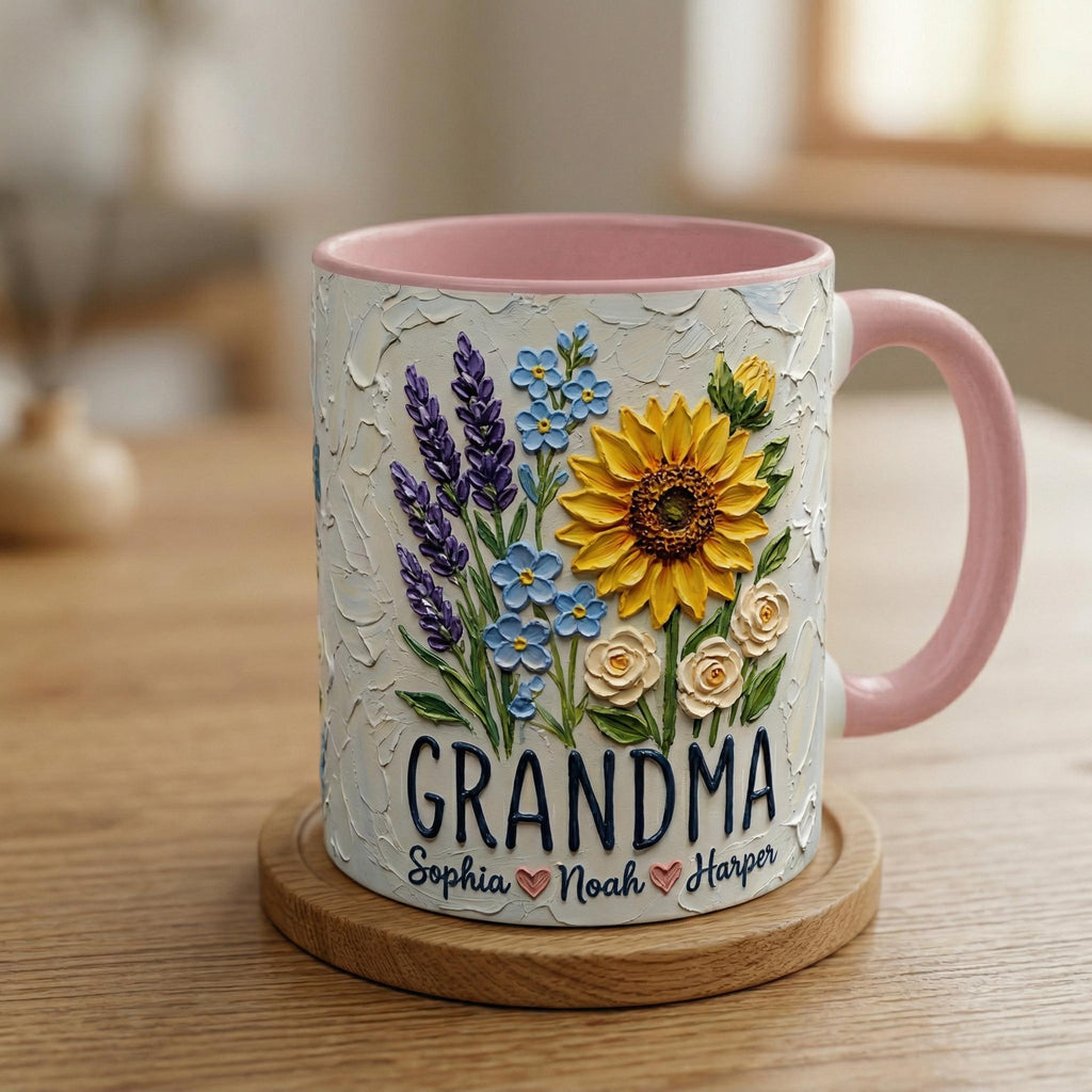 Personalized Floral Grandma Mug 3D, Artistic Portrait Coffee Cup, Oil Painting Effect