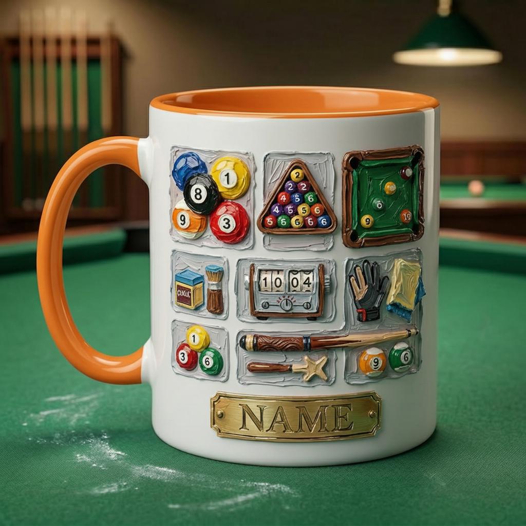 3D Billiard Mug, Vintage Pool Player Gift, Artistic Oil Painting Coffee Cup