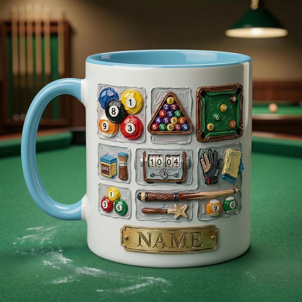3D Billiard Mug, Vintage Pool Player Gift, Artistic Oil Painting Coffee Cup