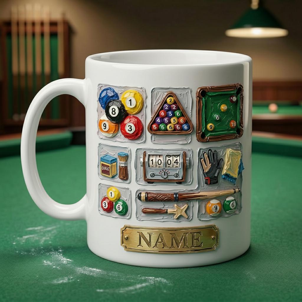 3D Billiard Mug, Vintage Pool Player Gift, Artistic Oil Painting Coffee Cup