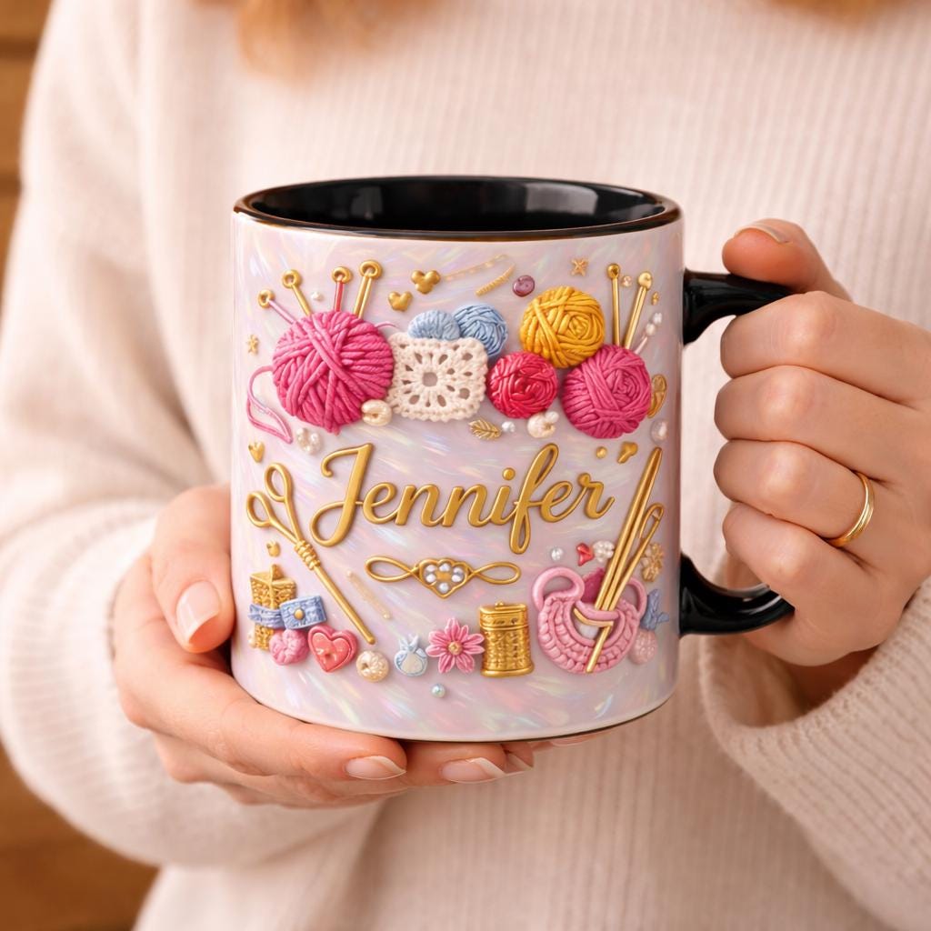 Personalized Yarn Lover Mug Custom Name Crochet Coffee Cup Knitting Gift Handmade Crafter Mug Knitter Gift Cute Crochet Mug