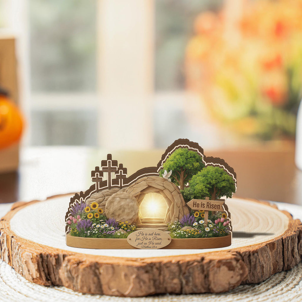 2D Flat He Is Risen Wooden Block Easter Scene, Empty Tomb Decor with Scripture, Christian Resurrection Table Display, Matthew 28:6 Sign