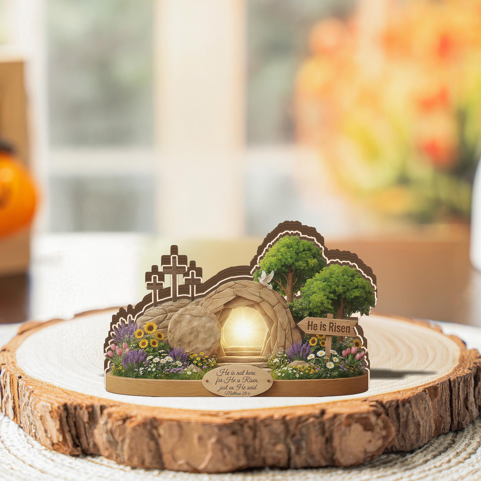 2D Flat He Is Risen Wooden Block Easter Scene, Empty Tomb Decor with Scripture, Christian Resurrection Table Display, Matthew 28:6 Sign