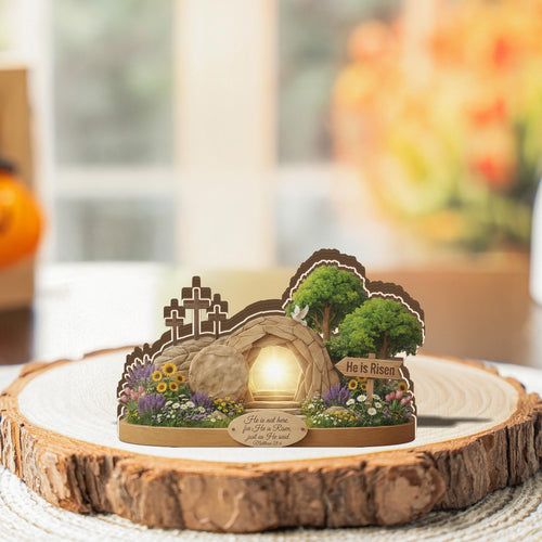2D Flat He Is Risen Wooden Block Easter Scene, Empty Tomb Decor with Scripture, Christian Resurrection Table Display, Matthew 28:6 Sign