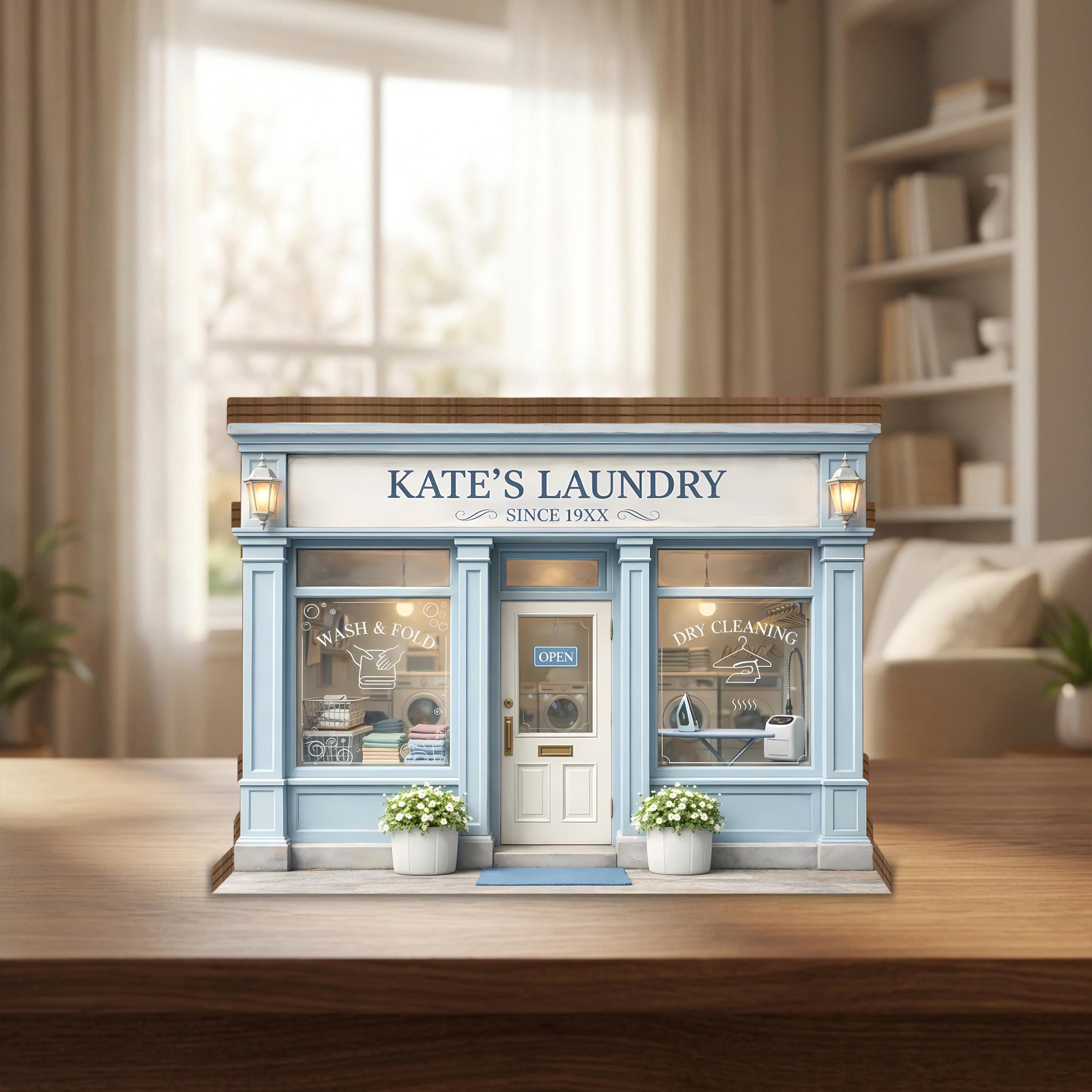 Personalized Laundry Shop Wooden Block, Custom Laundromat Decor, Storefront Display, Laundry Room Gift