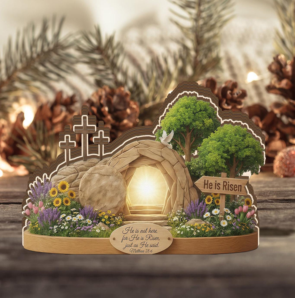 2D Flat He Is Risen Wooden Block Easter Scene, Empty Tomb Decor with Scripture, Christian Resurrection Table Display, Matthew 28:6 Sign
