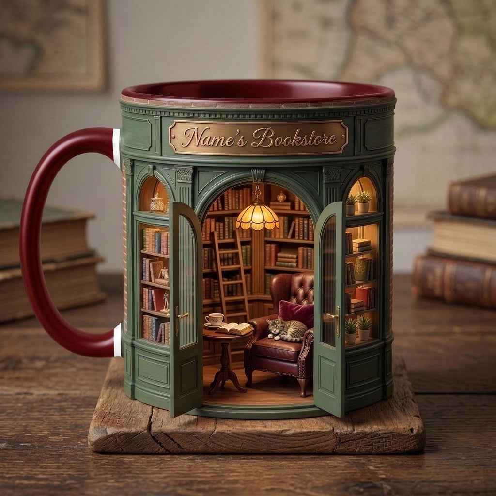 Personalized Owner Book Store Mug, Faux 3D Effect Accent Mug, Book Lover Gift