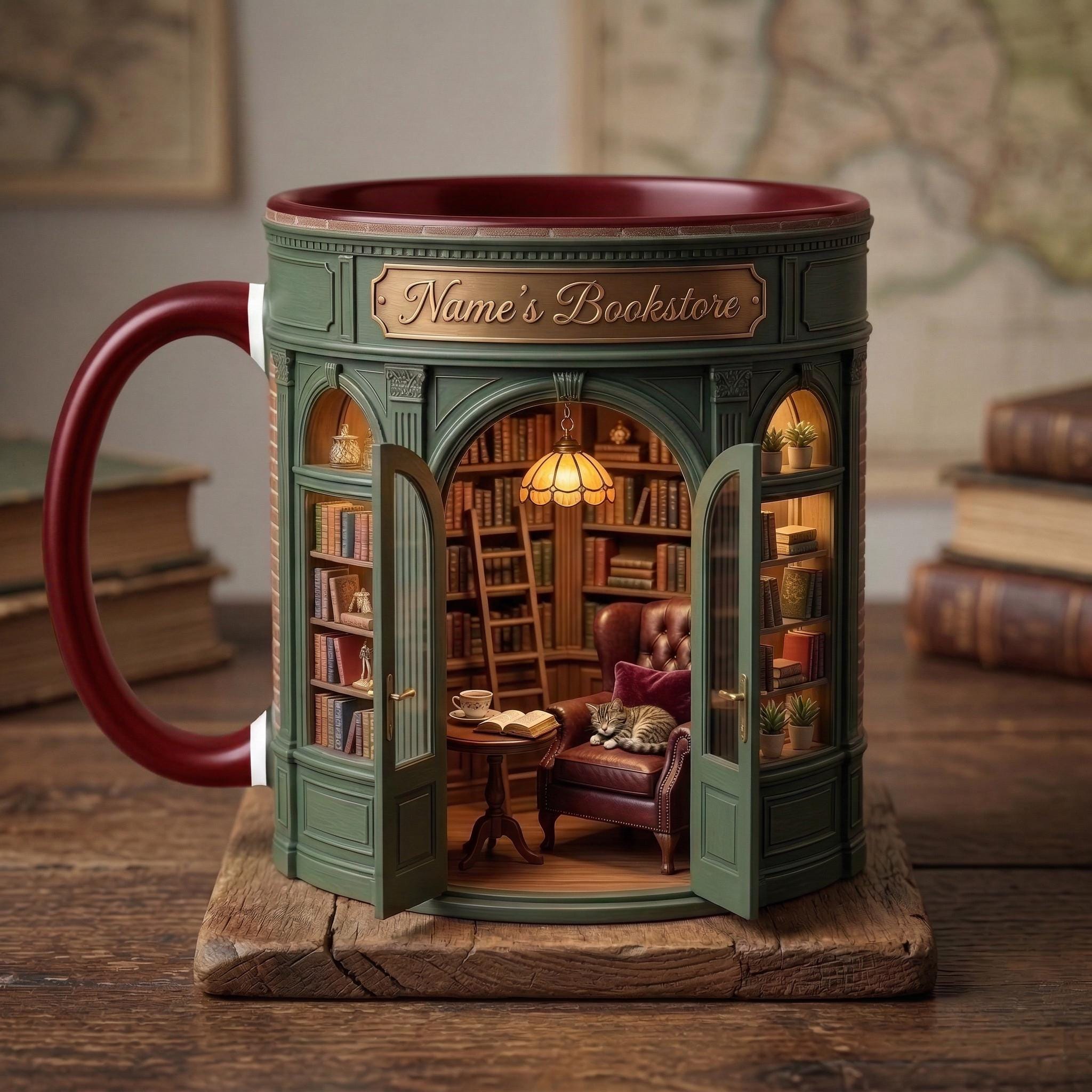 Personalized Owner Book Store Mug, Faux 3D Effect Accent Mug, Book Lover Gift