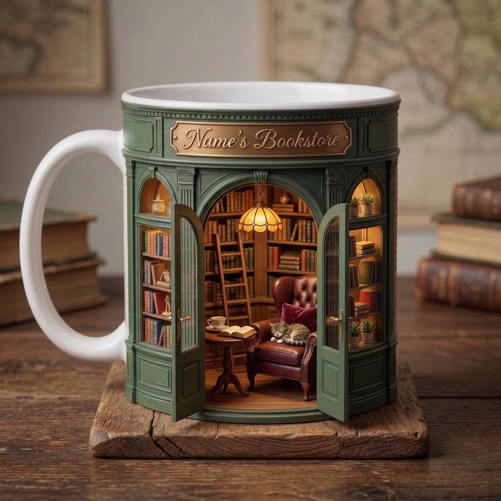 Personalized Owner Book Store Mug, Faux 3D Effect Accent Mug, Book Lover Gift
