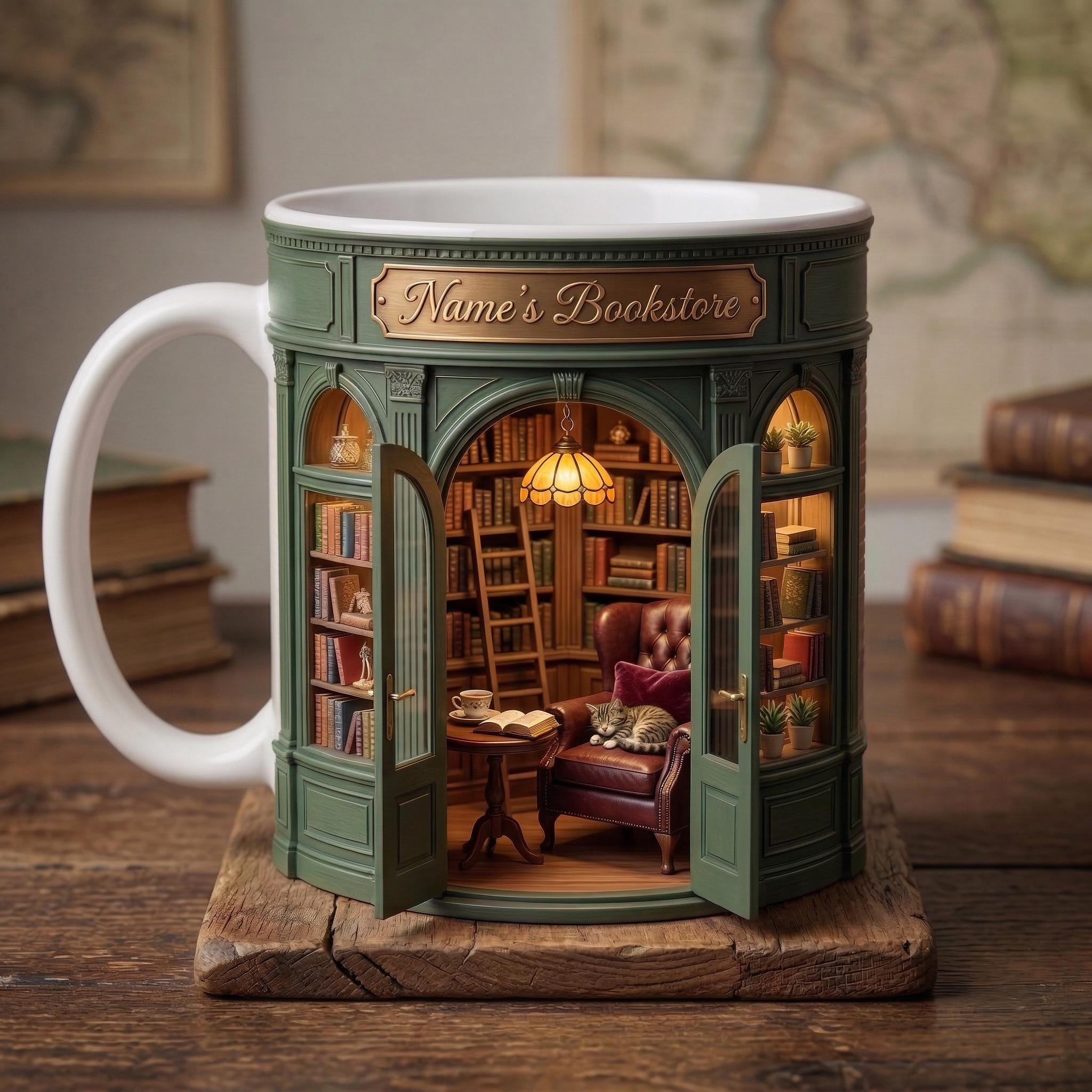Personalized Owner Book Store Mug, Faux 3D Effect Accent Mug, Book Lover Gift